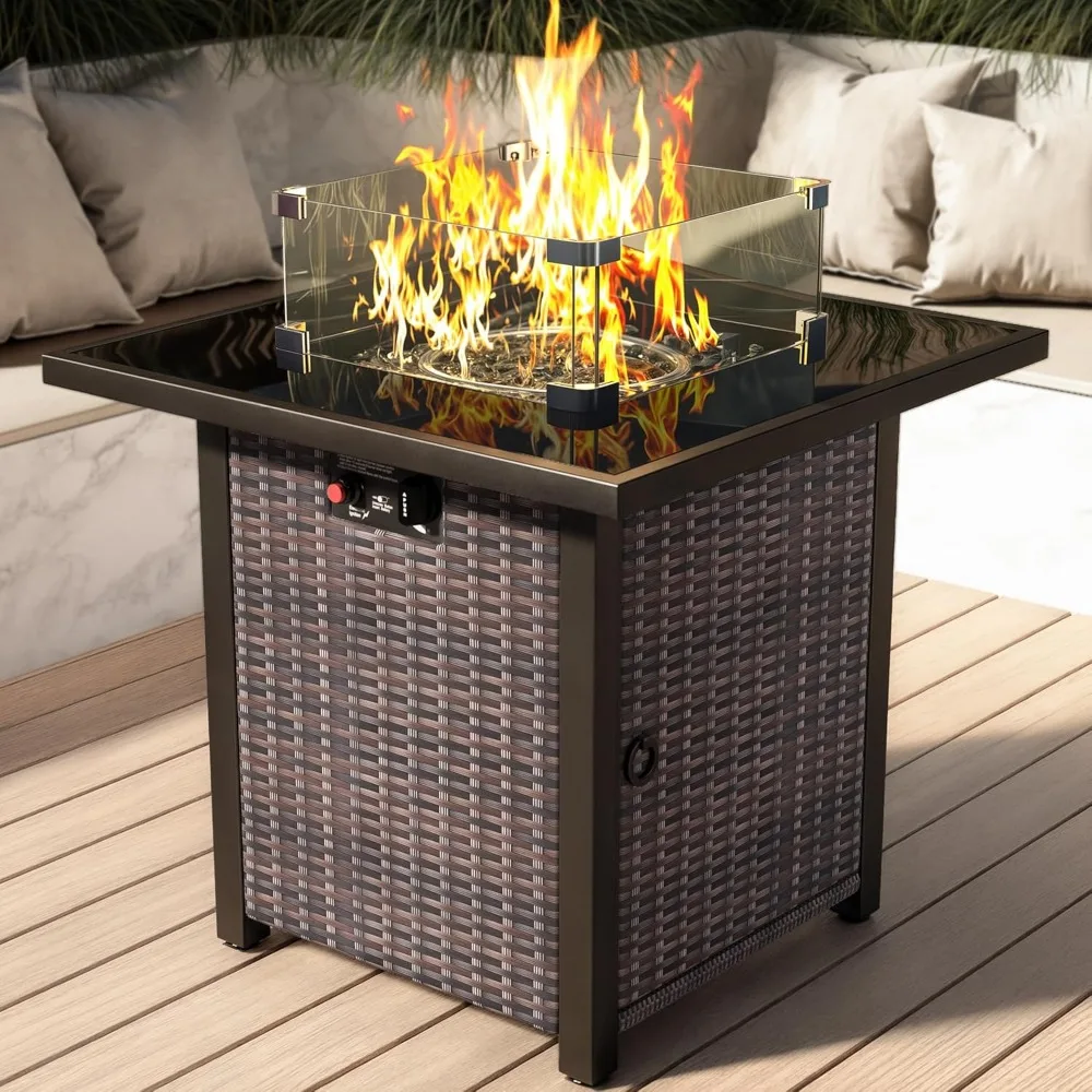 

Propane Outdoor Fire Pit Table, 28 Rattan Square Fire Pit Table, Outdoor Gas FirePit W/Glass Wind Guard, Tempered Glass Tabletop