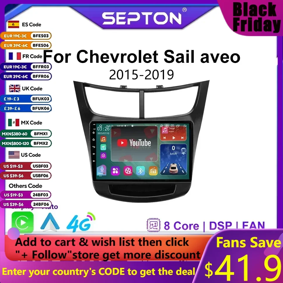 SEPTON 8+128G Car Radio for Chevrolet Sail Aveo 2015-2019 8core Navi Carplay 4G Net Smart Car Systems Automotive Multimedia WIFI