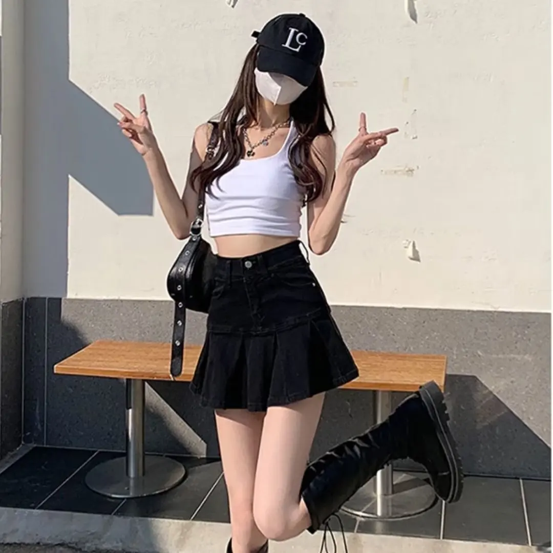

High Waist Black Denim Skirt Women's A-Line Pleated Anti-Light Wrap around Sexy Half Skirt Fish Tail Dress Skirt