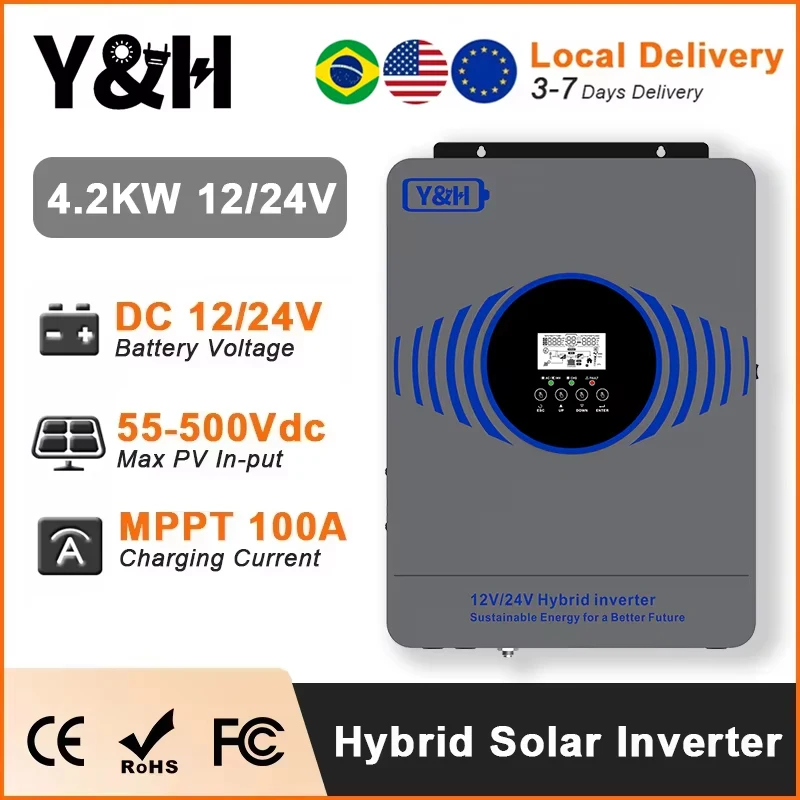 [US/DE/BR In Stock] Y&H 2.3KW 4.2KW Hybrid Solar Inverter 12V 24V 230V Off Grid Pure Sine Inverter with MPPT 100A Solar Charger