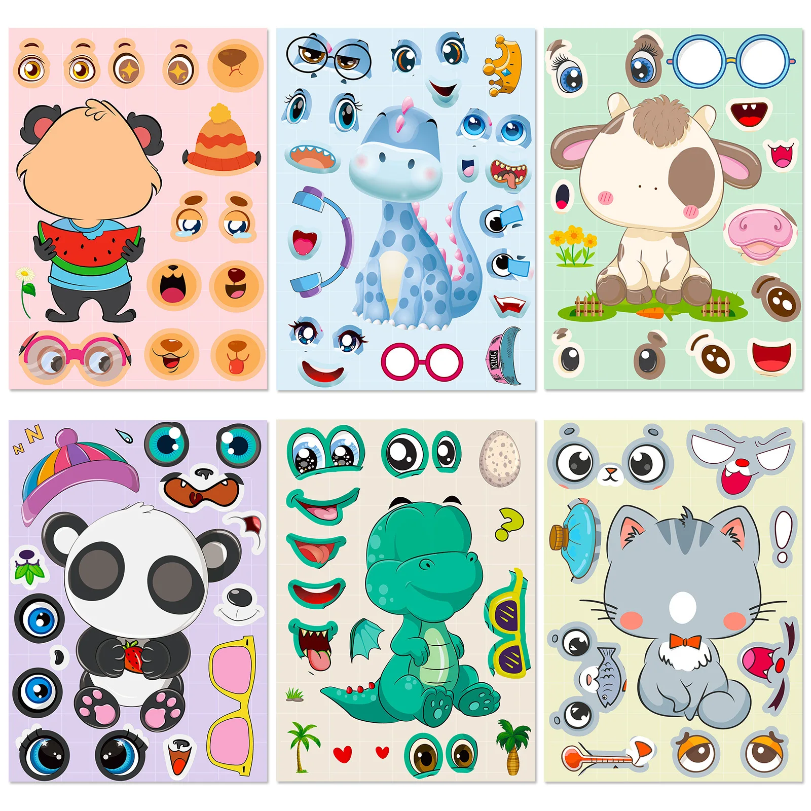 6PCS/set Cartoon Animal Face Changing Stickers Dinosaur Dog DIY Puzzle Early Childhood Education Educational Toys Gifts