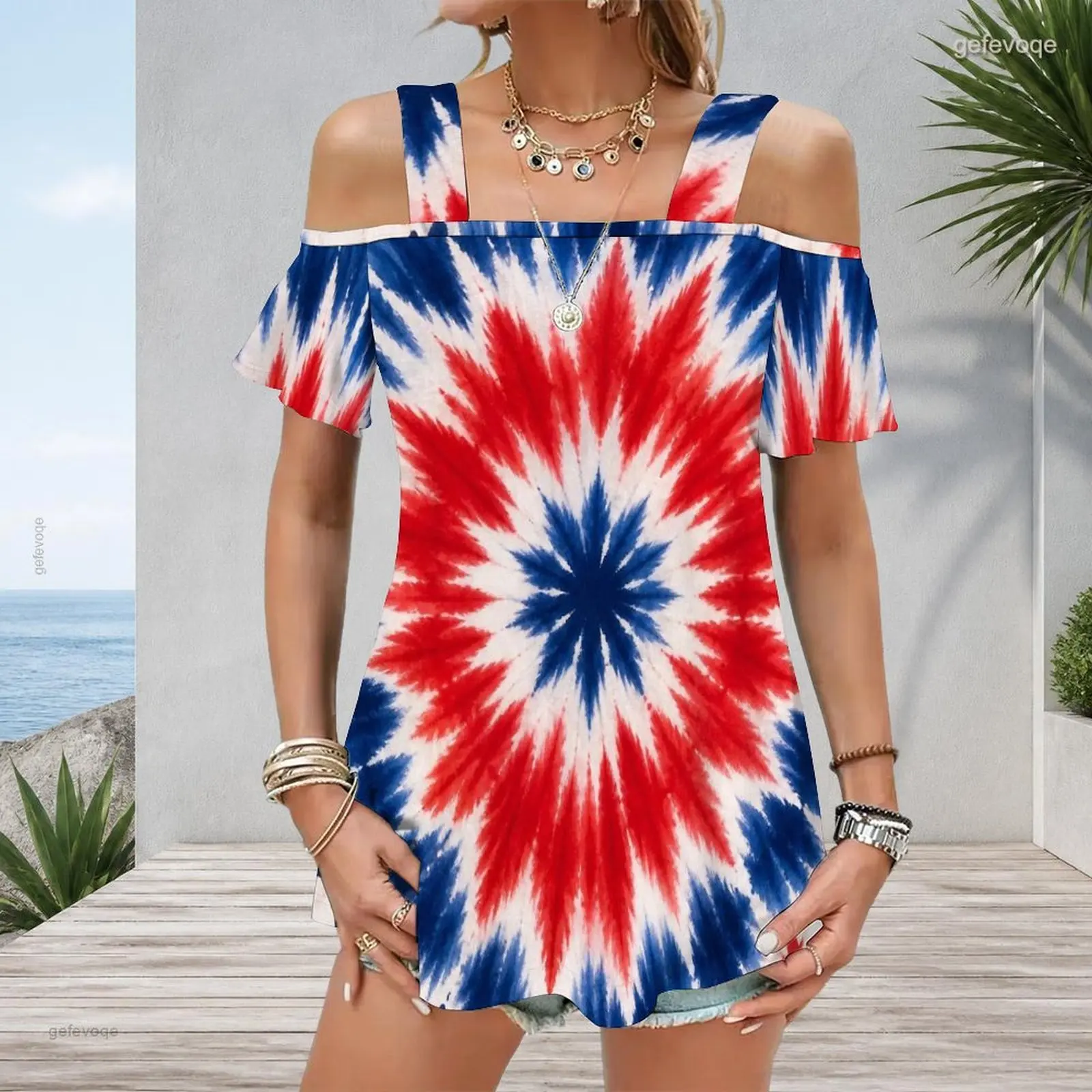 Women Printed Top Wide Straps Cold Shoulder Flutter Sleeve Straight Hem