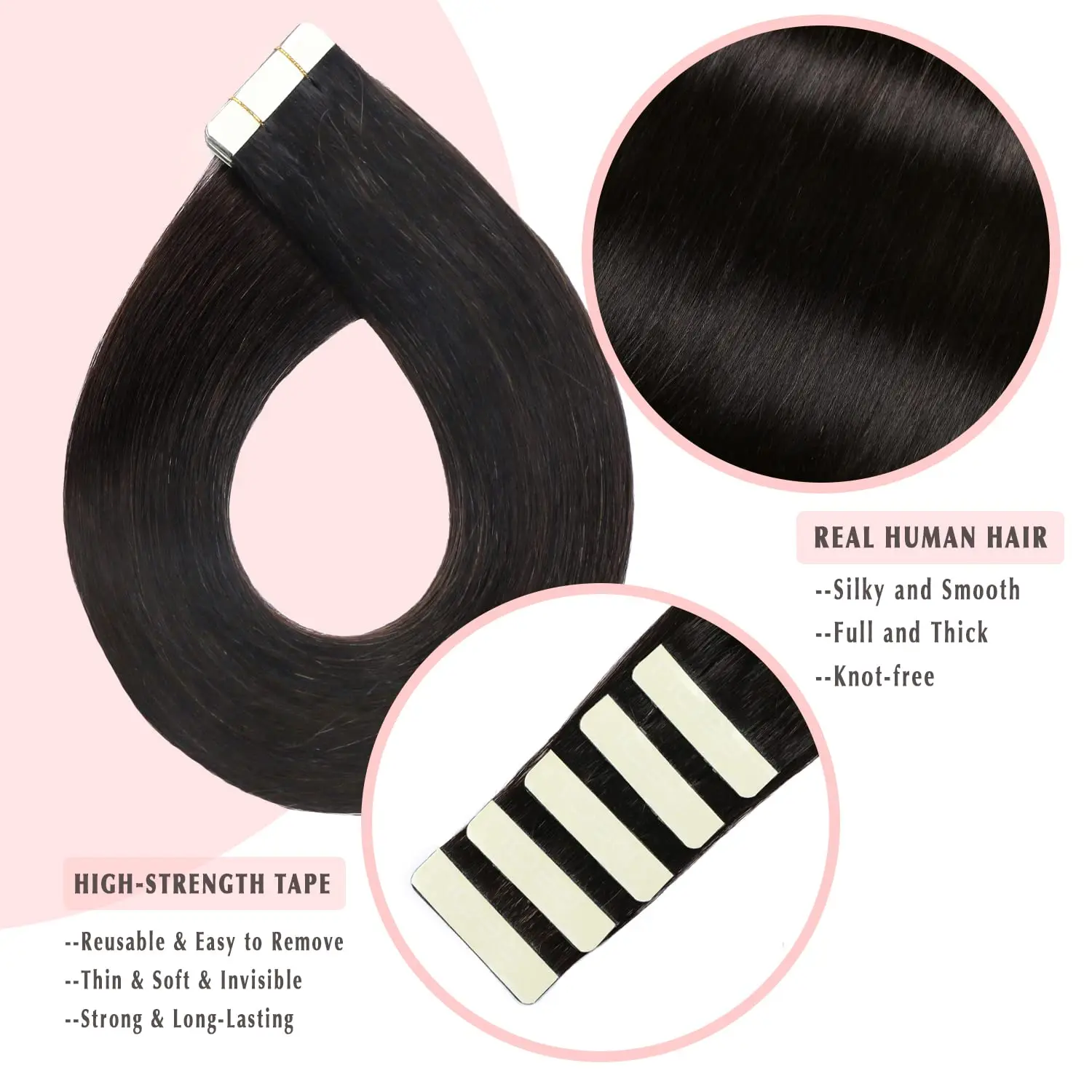 Cinta en extensiones de cabello humano liso # 1B, 100% cabello humano brasileño, 18 pulgadas, 20 piezas, trama de piel sin costuras