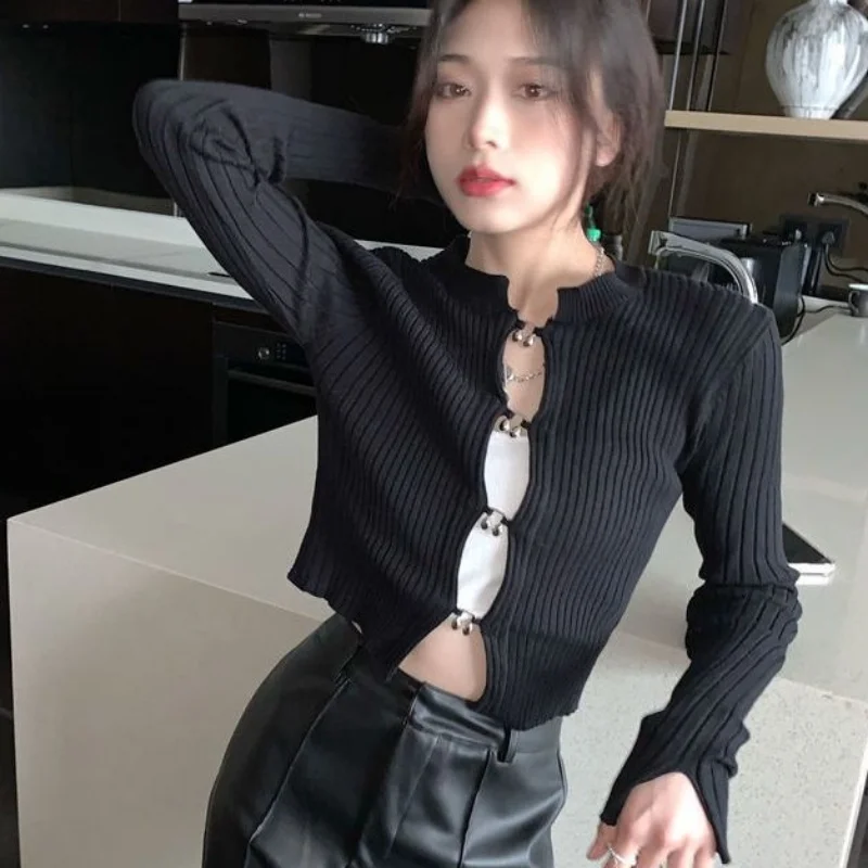 Slim Crop Cardigan Women Solid Autumn Sexy Long Sleeve Ladies Clothes Ins Fashion Creativity Elegant Temperament Basic All-match