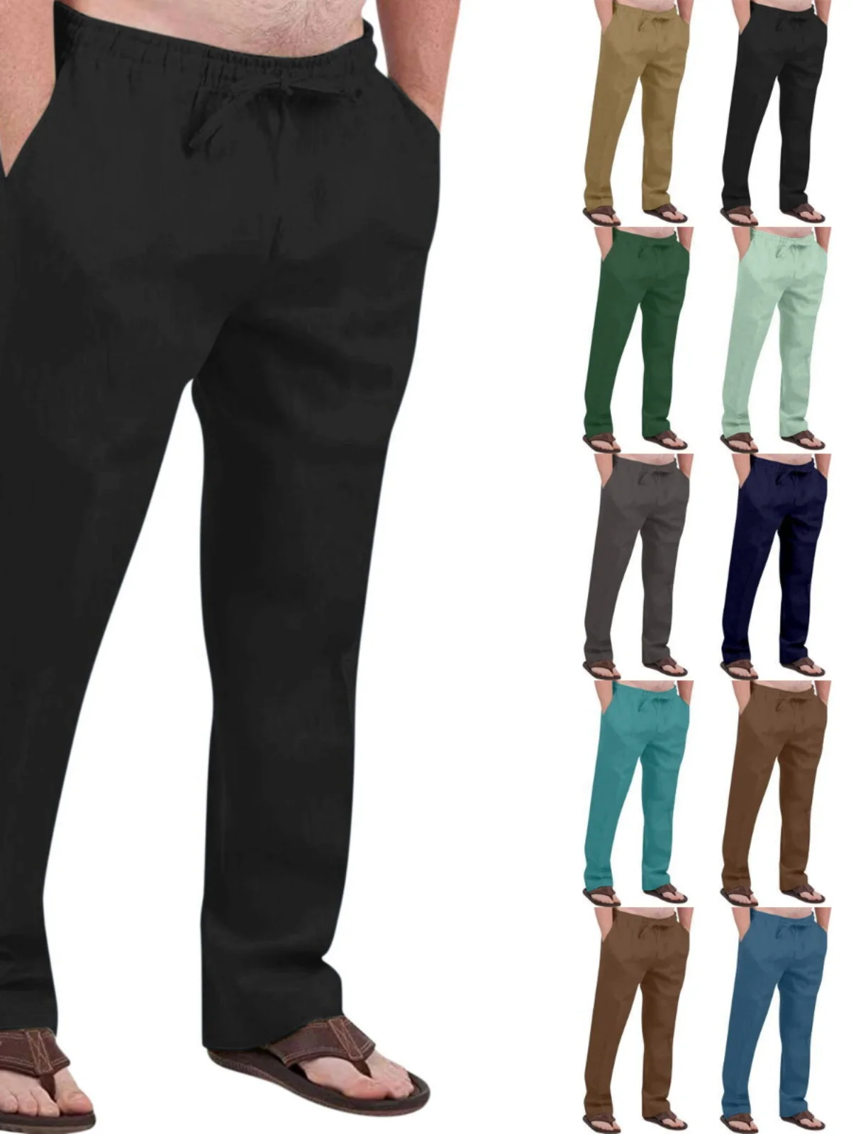 

Мужские повседневные свободные брюки прямого кроя, дышащие брюки на шнурке, удобные брюки из смесовой хлопковой ткани, осенний модный тренд
