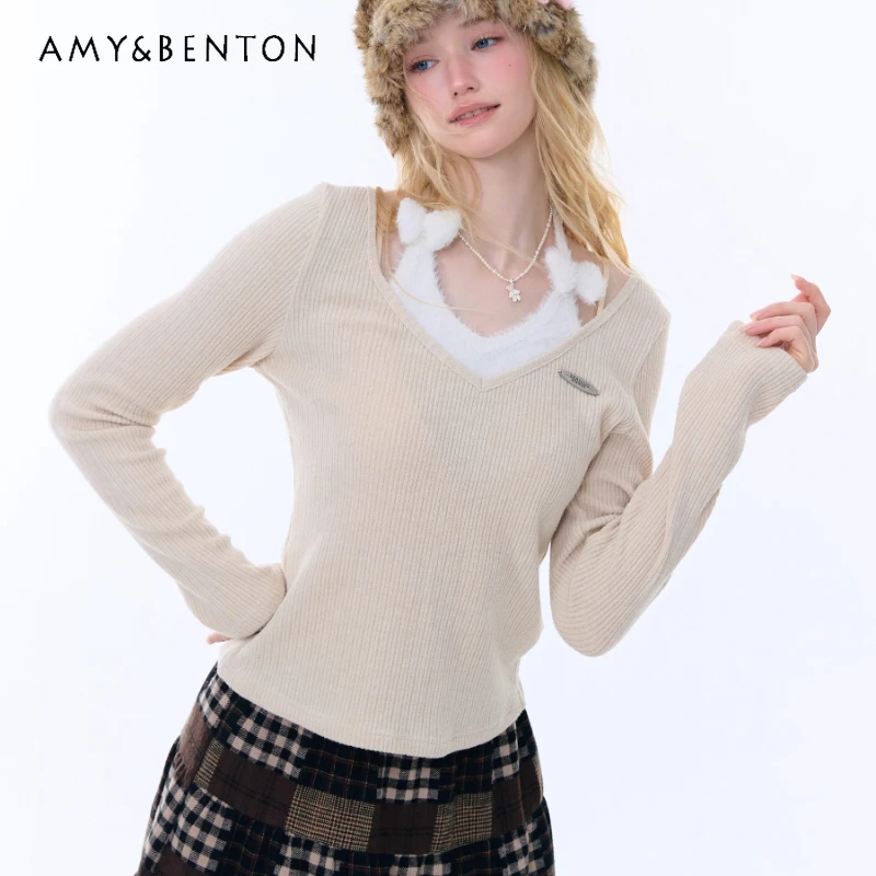 

2025 Autumn Winter New Design Slimming Women's Knitted Bottoming Shirt French Cute Bow Halter Neck Long Sleeve T-Shirts Ladies