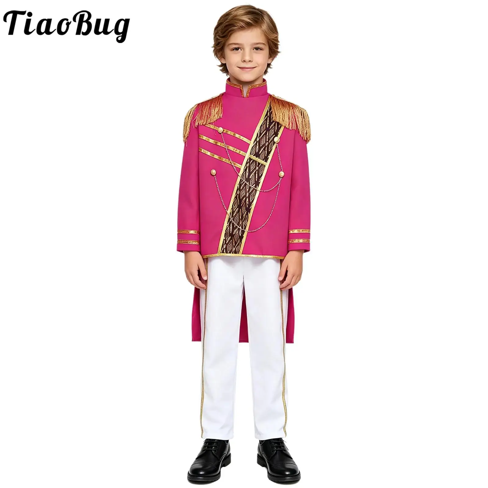 

Kids Boys Royal Honor Guard Uniform Drum Marching Band Flag Raising Parade Costume Long Sleeve Tassels Tuxedo Jacket with Pants