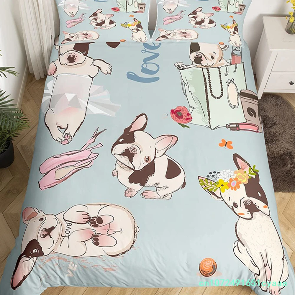 Cartoon Bulldog King Queen Duvet Cover Shar Pei Pup Dog Bedding Set Lovely Pet Puppy Doggy Quilt Cover Polyester Comforter Cover