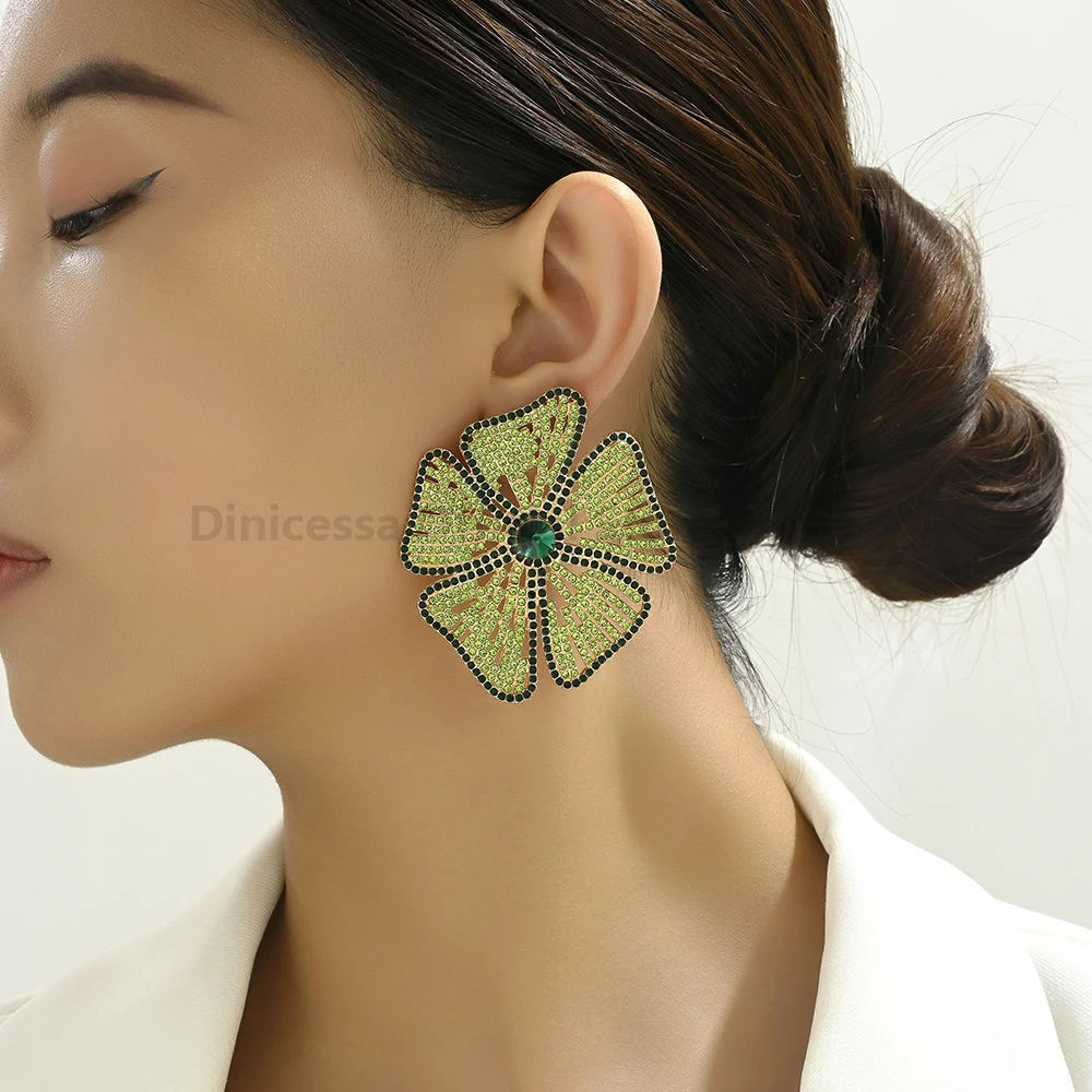 Luxury Design Flower Full Shiny Rhinestone Glamorou Decor Original Bride Wedding Party Jewelry Trend Big Stud Earrings For Women