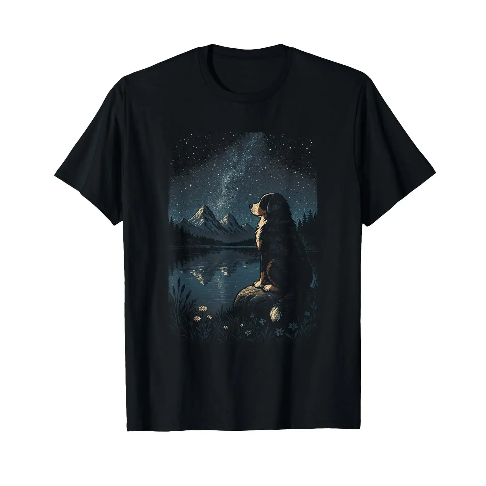 Mountains Nature Bernese Mountain Dog Starry Sky T Shirt vintage Washed streetwear Comfortable Stretched Stylish Versatile