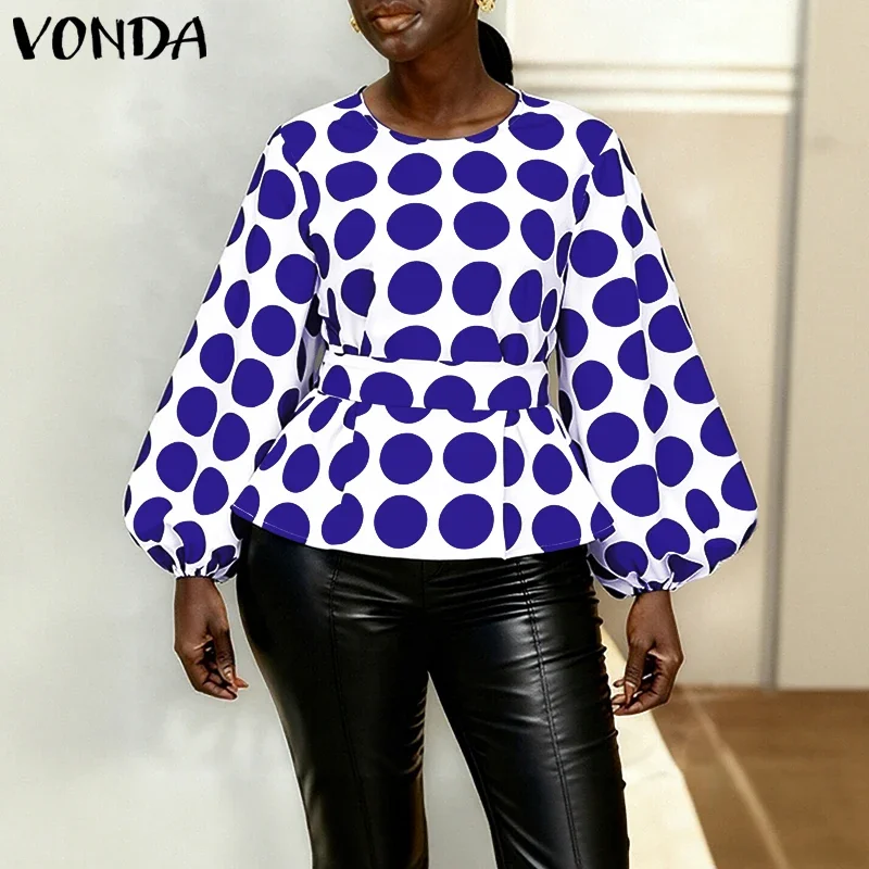 

VONDA плюс размер богемная женская блузка в горошек элегантные офисные топы рубашки с поясом модные свободные блузки с длинными рукавами-фонариками 5XL