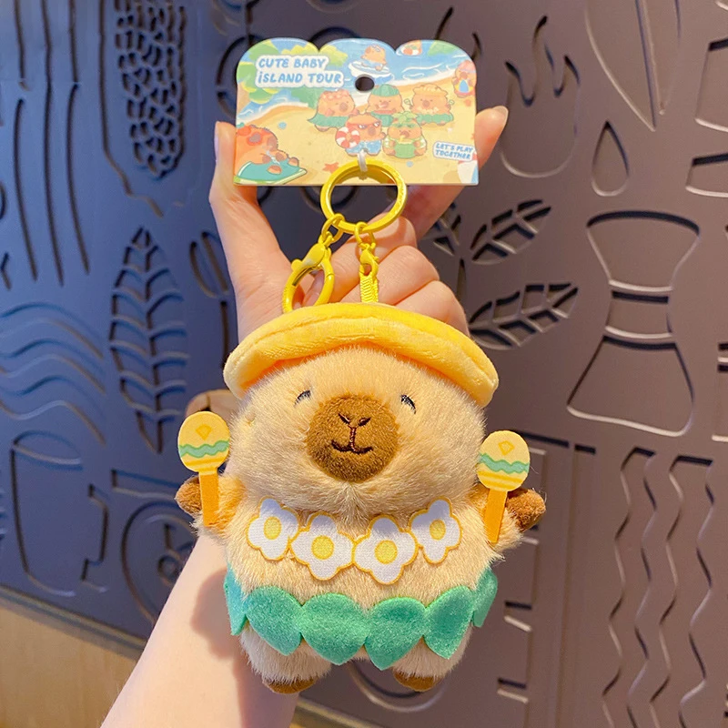 Cute Summer Island Beach Vacation Drinking Coconut Capybara Keychain Grass Skirt Dance Play Water Ball Surf Kapibala Keys Chain