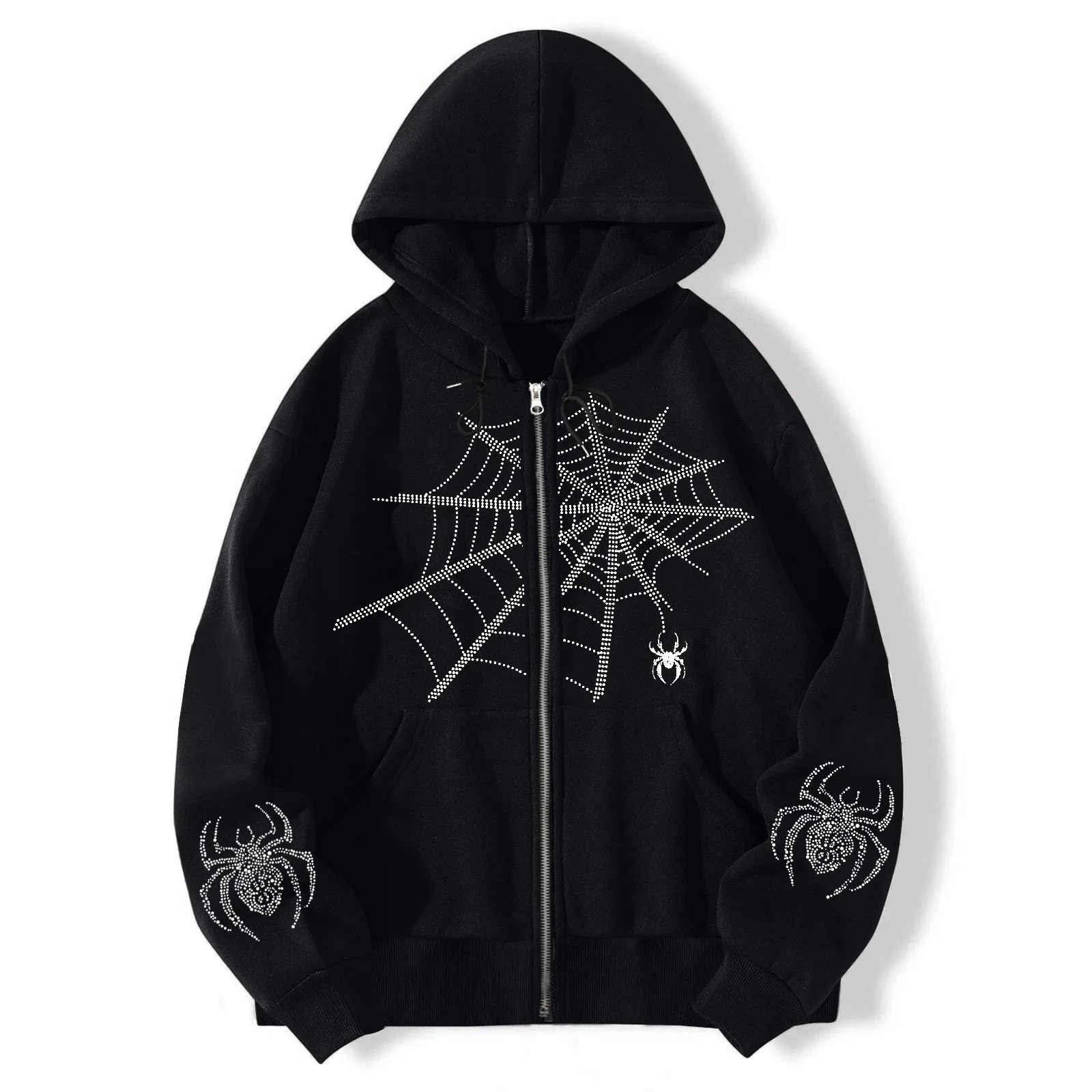 New American Vintage Spider Print Hoodie Matrix Cardigan Loose Zip Up Sweatshirt Autumn Winter Fleece Lined Jacket