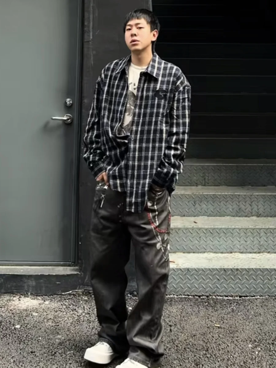 

American Retro Plaid Embroidered Loose Casual Men's irt Spring Autumn Cheered Coat Couple's Long Sve Button up