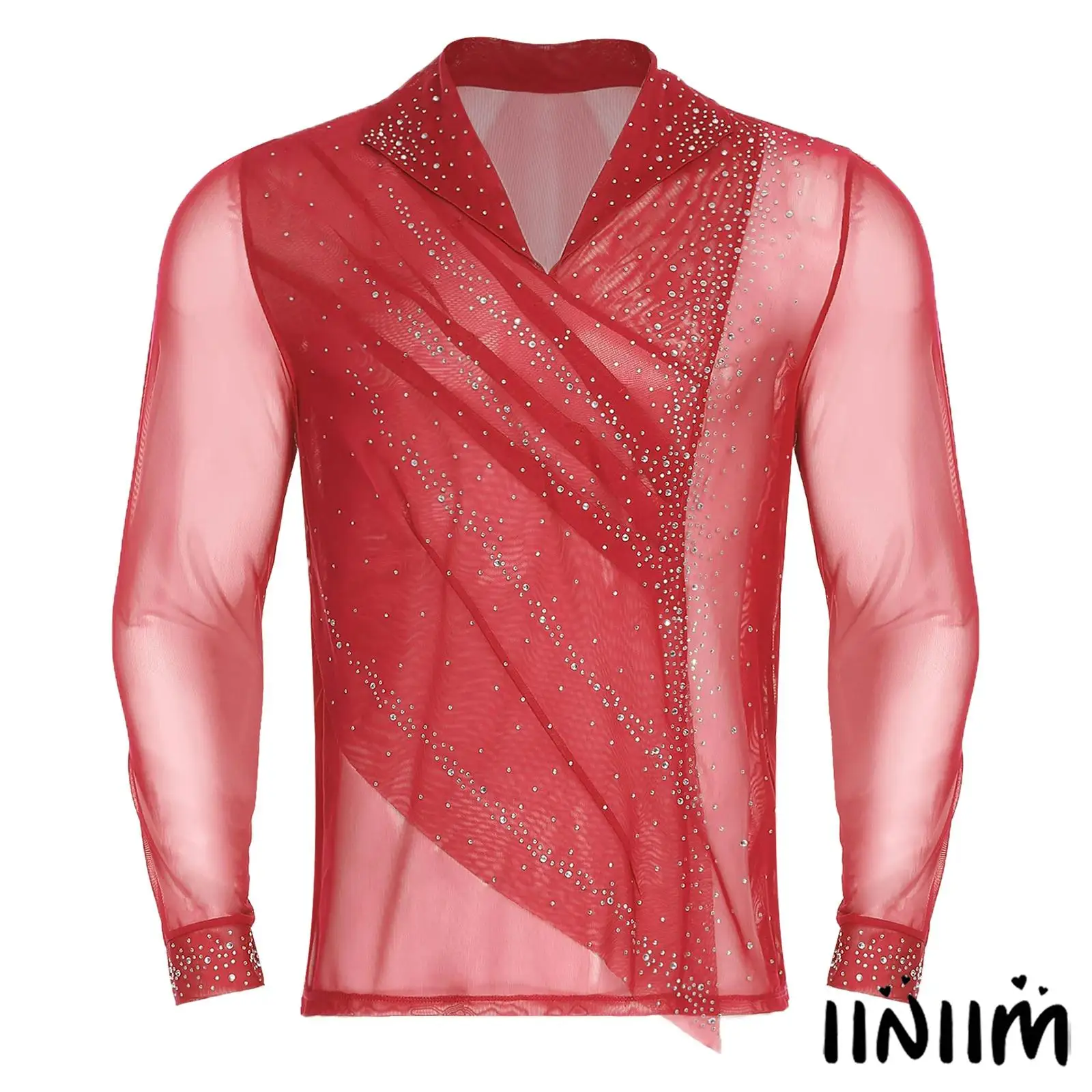 

Mens Lyrical Latin Dance Competition Performance Costume Figure Skating Sheer Mesh Tops Ballet Latin Gymnastics Dance Shirt Top