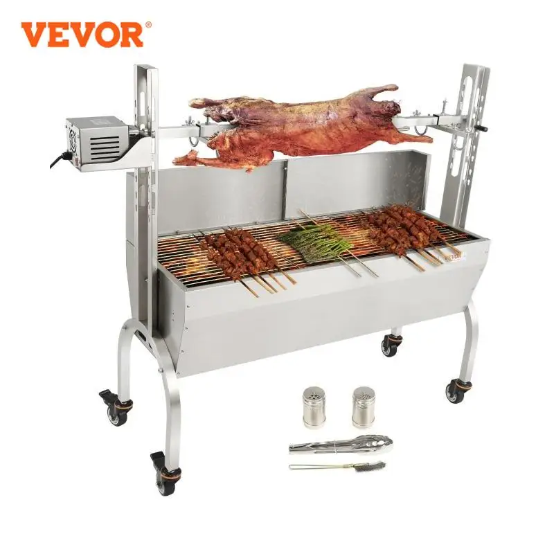VEVOR Spanferkelgrill Lammgrill 117 cm, 60 kg Edelstahl Drehspieß Höhenverstellbar in 4 Stufen, 50 W 2 in 1 BBQ Rotisserie Grill inkl. Gewürzdose & Reinigungsbürste & Griff Elektrogrill mit Deckel