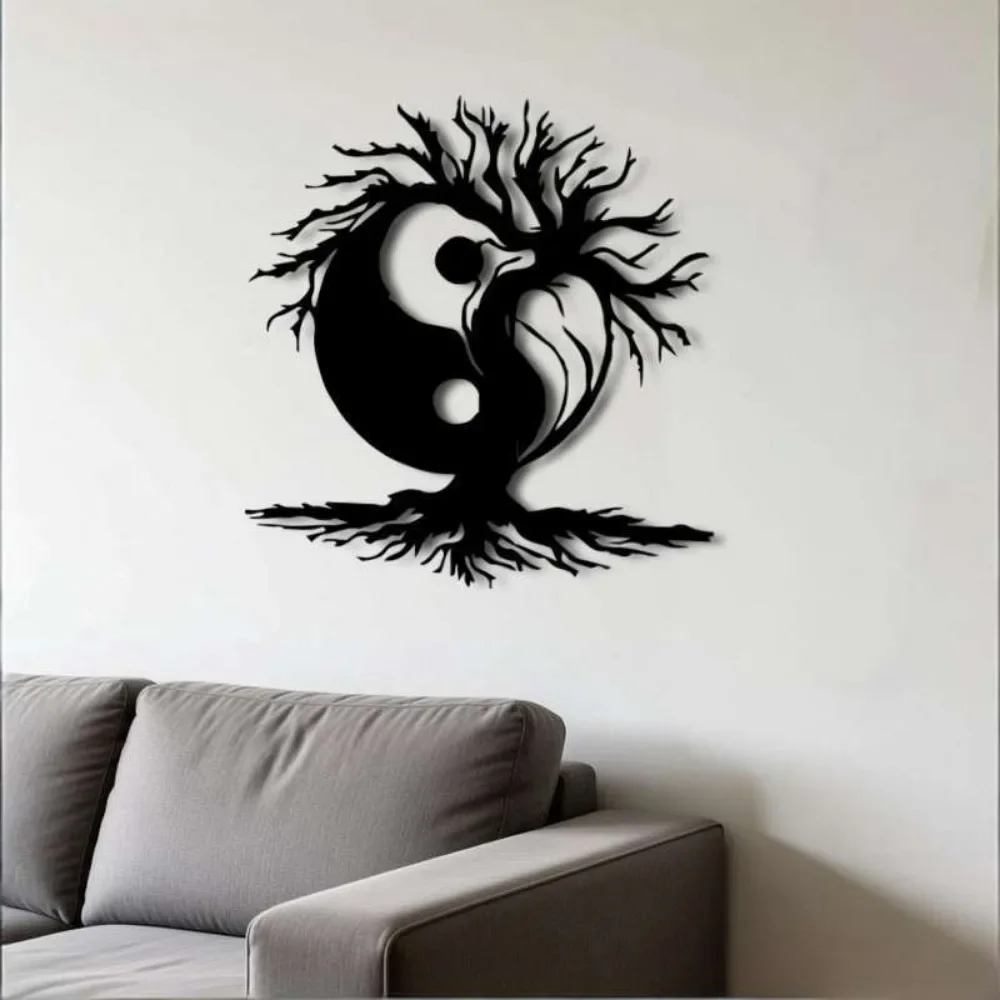 CIFBUY Iron Wall Art Yin Yang Tree Metal Black White Harmony Sculpture Vintage For Living Room Bedroom Home Decor Sign Gift