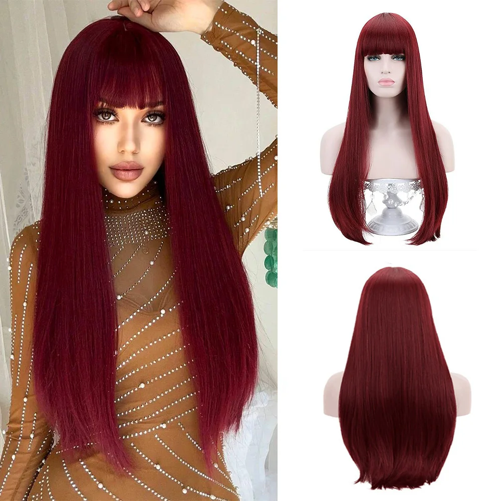 Parrucca sintetica lunga diritta vino rosso 99j # parrucche per capelli con frangia parrucche Cosplay resistenti al calore per donne asiatiche ed europee 28 pollici