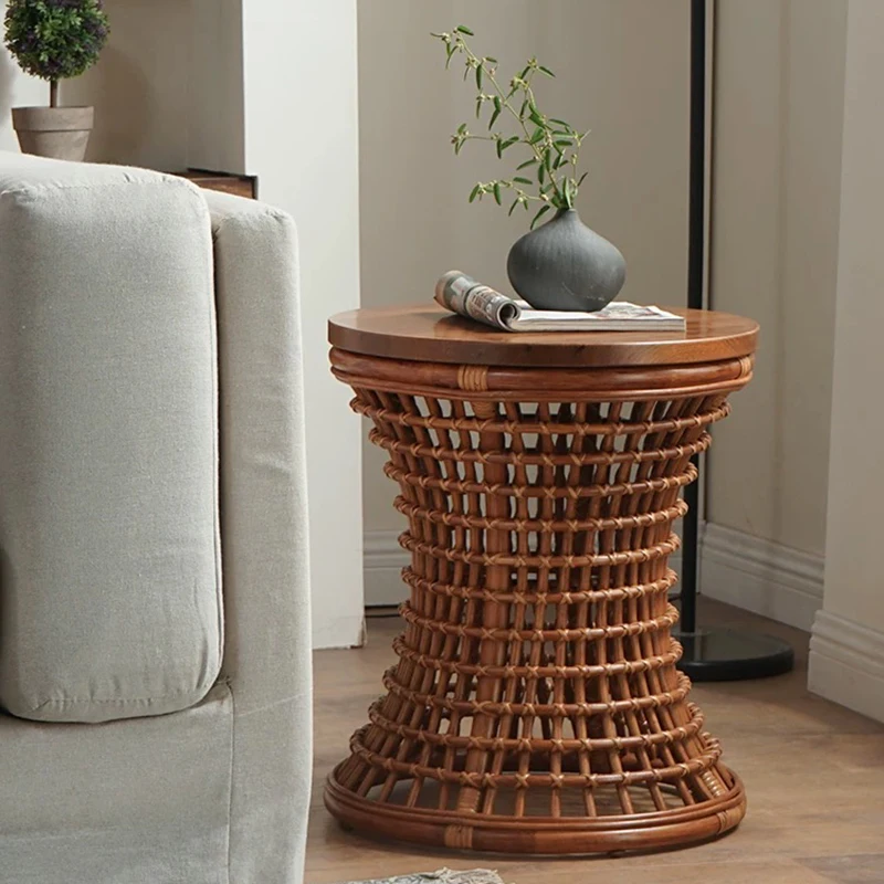 u*-Vine Woven Coffee Table,Solid Wood Round Tea Table,Modern Weaving Storage Desk,Home Living Room Sofa Side Table,Retro Furnitu