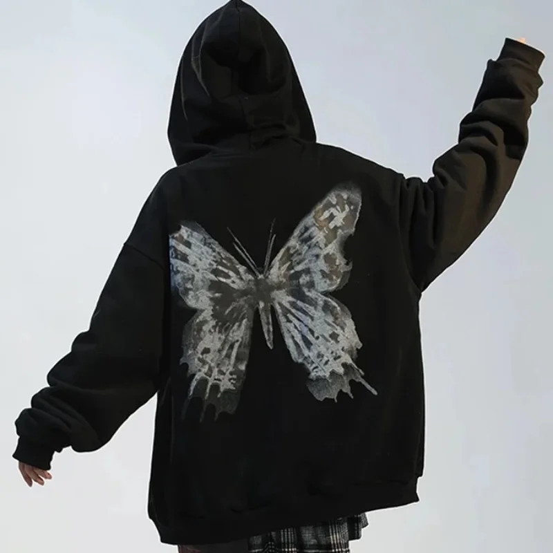 Y2k Harajuku Women Hoodie Coat Autumn Gothic Butterfly Printed Sweatshirt Zip Up Long Sleeve Hooded Sweatershirt Pocket Jacket