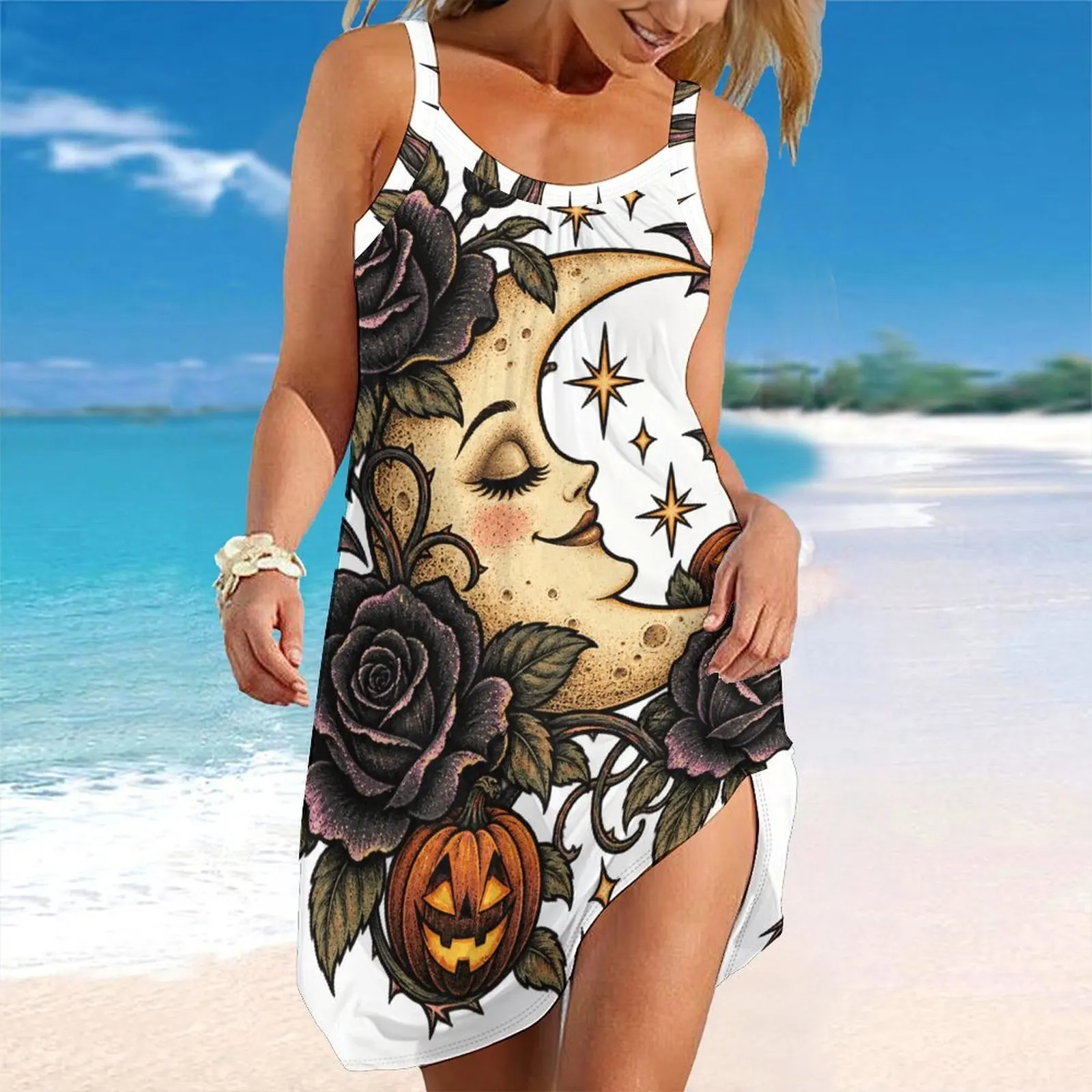 Women Spaghetti Strap Beach Dress V Neck Pleated Loose Mini Dress Custom Print Ladies Vacation Cover Up Dress