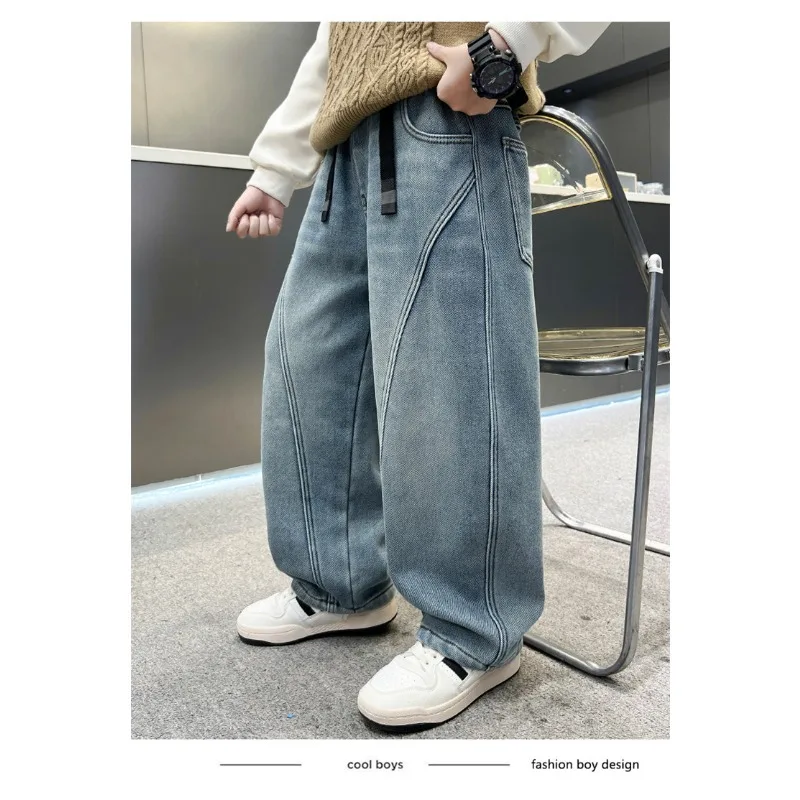Herbst Kinder Jungen Jeans UNITIM Vielseitige Taschen Junge Teenager Jungen Gerade Hosen Lose Elastische Taille 4-14 Jahre Jungen Freizeithose – Detail 14