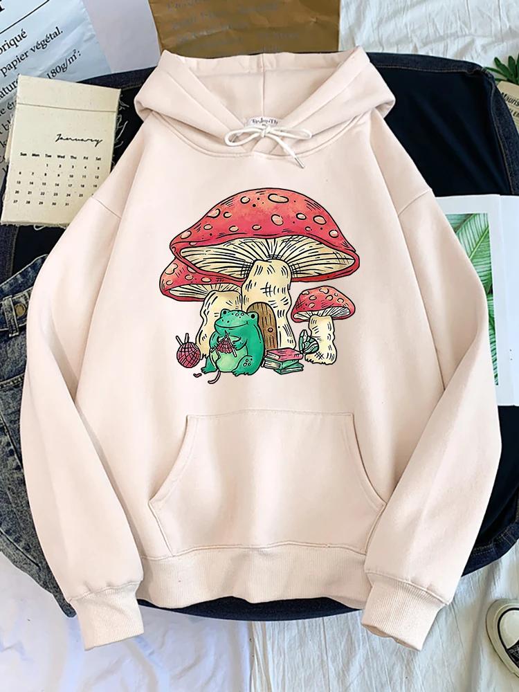 Cottagecore Aesthetic Frog Knitting Mushroom House Print Female Harajuku Fur-Liner Pullover Fashion Hoodies Vintage Woman Tops