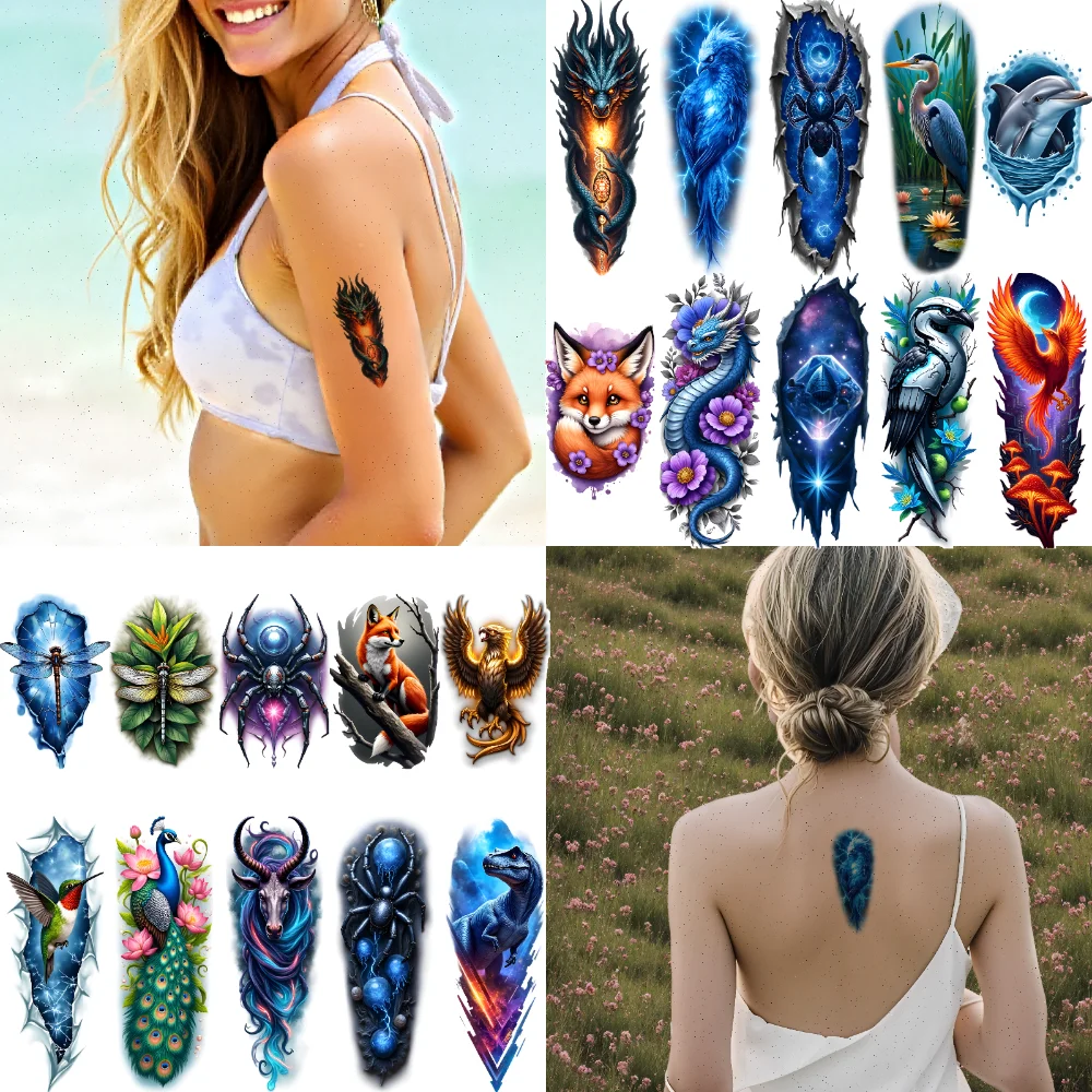 

12pcs Temporary Tattoo Badger Colorful Realism Spider Peacock Realistic Temporary Tattoos Butterfly For Adults Men