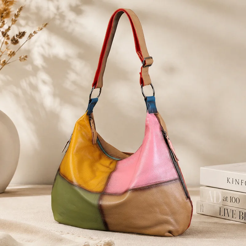 Cowhide Color-matched Hobo-style Backpack Women, Featuring a Vintage Handcrafted Leather Design, Suitable Designer Luxury Bag