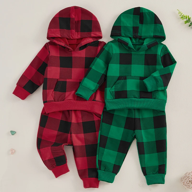 

Toddler Baby Boys Christmas Outfits Plaid Pockets Long Sleeve Hoodies Hooded Sweatshirts and Long Pants 2Pcs Clothes Sets