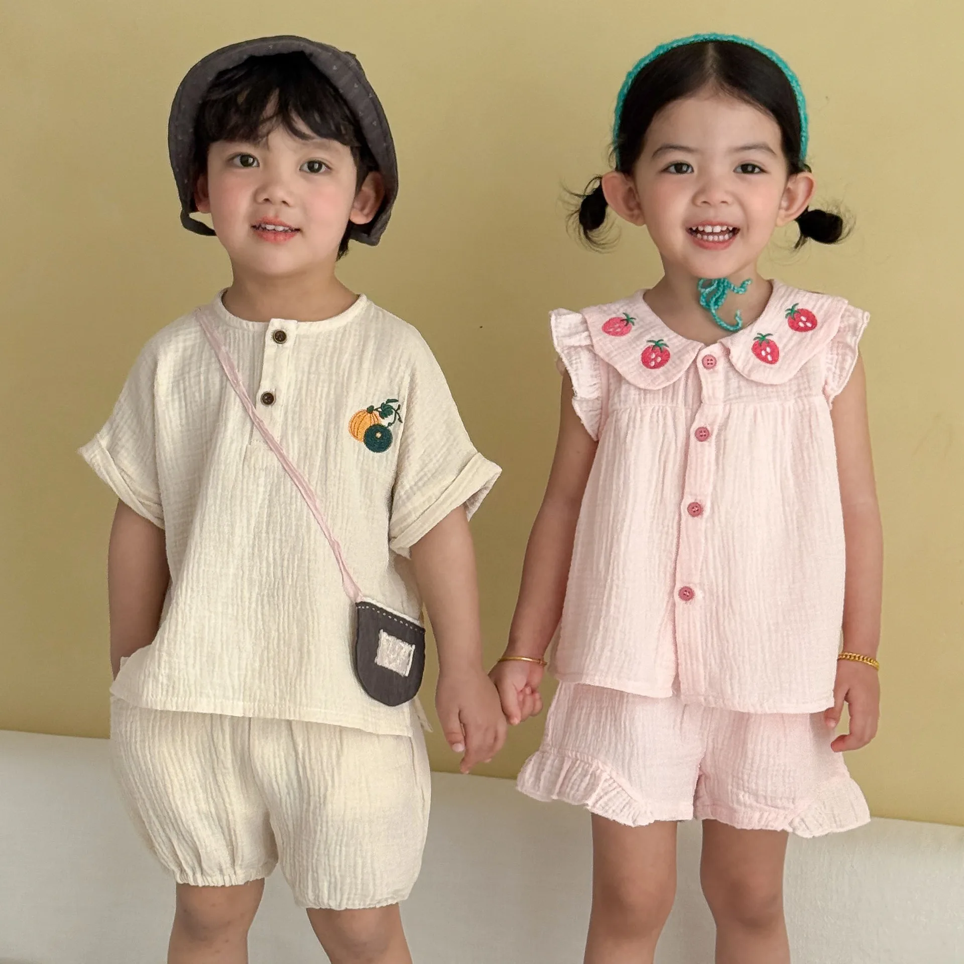 

2026 Summer New Children Short Sleeve Clothes Set Boys Girls Cute Cotton Yarn Shorts Two Piece Set Kids Brother Sister Outfits