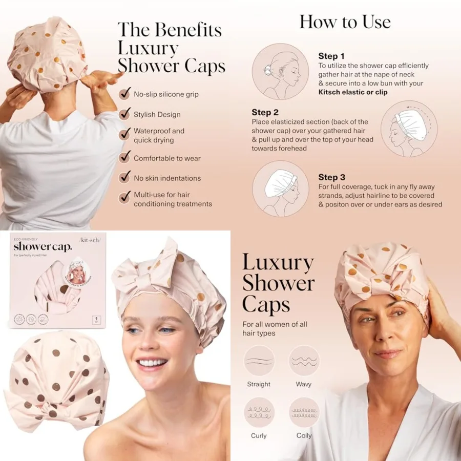 

Kitsch Luxury Shower Caps for Women Reusable Waterproof - Large Shower Cap for Women, n-slip, Quick-dry Hair Cap for Long and S