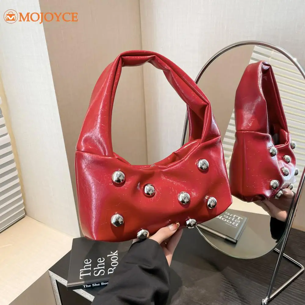 Novelty Rivet Women's PU Leather Shoulder Bag Vintage Solid Handbags Punk Style Underarm Bag Luxury Brand Ladies Small Tote Bags