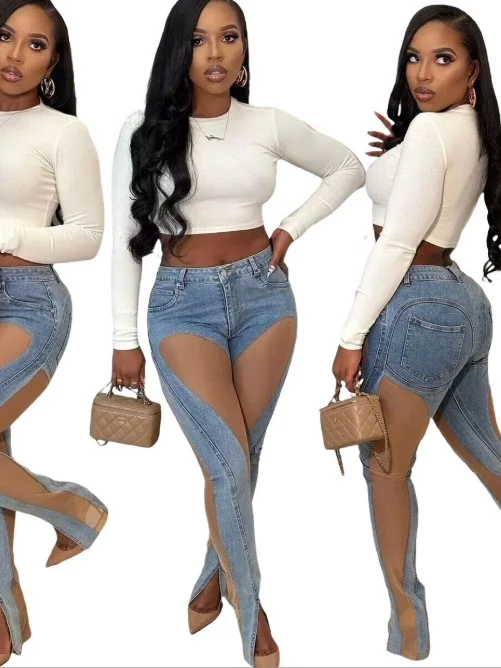 

2026 New Style Popular Net Sand Combination See through Slit Elastic Slimming Butt Lifting Denim Jeans Ladies Slim Fit Cotton