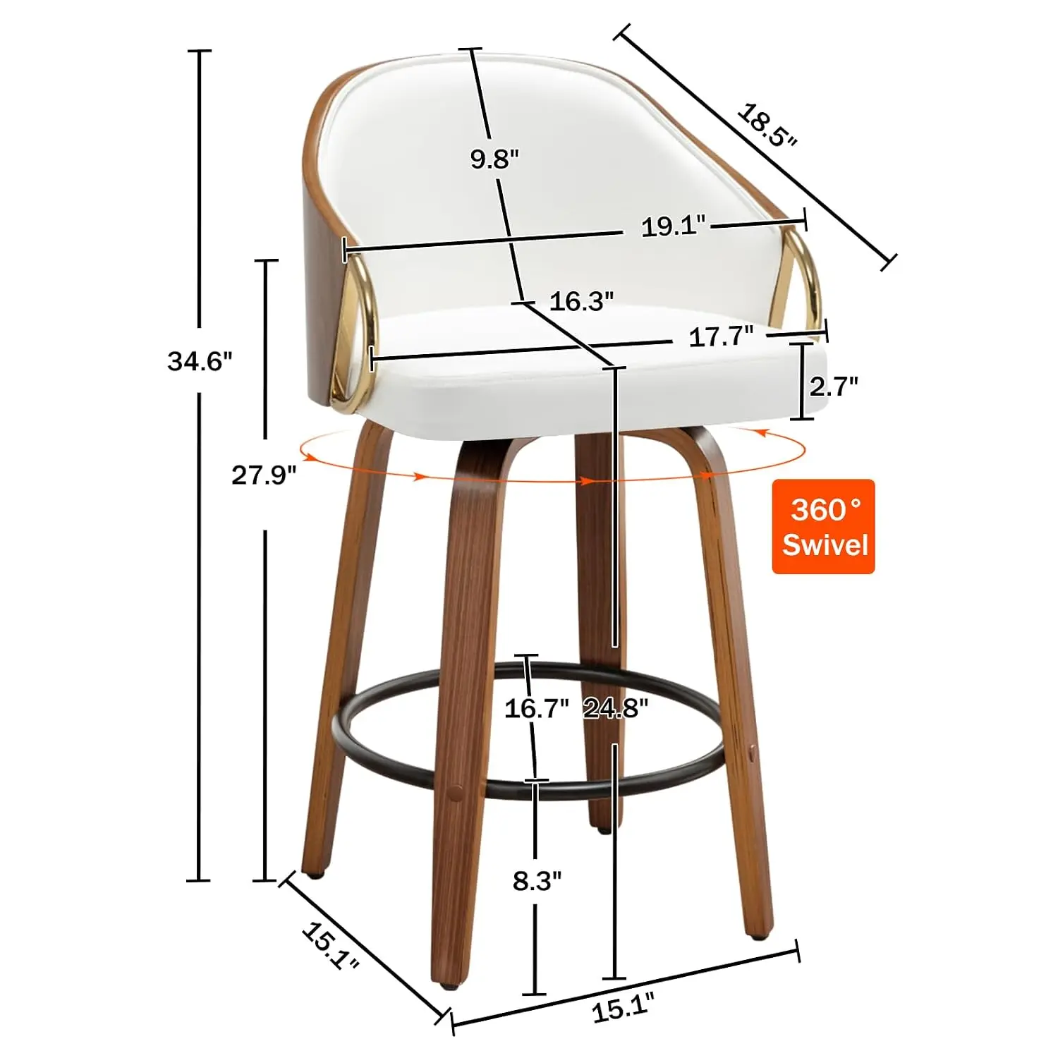 White Leather Swivel Counter Height Bar Stools Set of 3 with Wood Legs & Golden Arms for Kitchen Dining Pub, Customized