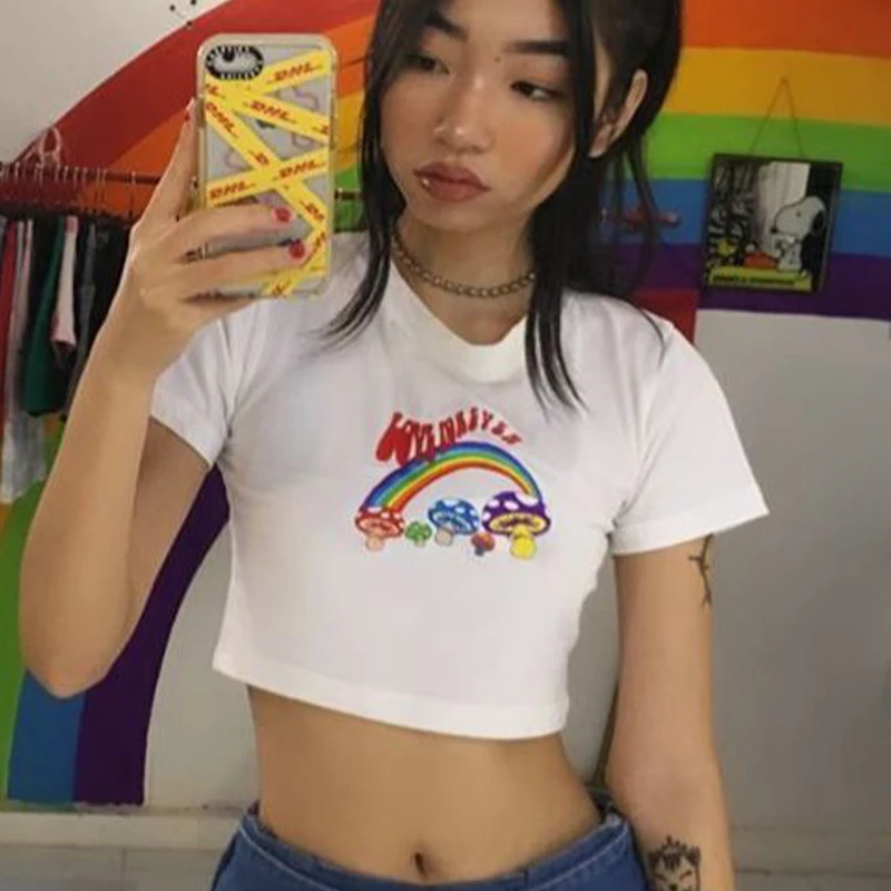 Women T-Shirt Y2k Crop Tops Tee Rainbow Print Cute Summer Korean Fashion Harajuku Streetwear Short Sleeve Aesthetic Clothes