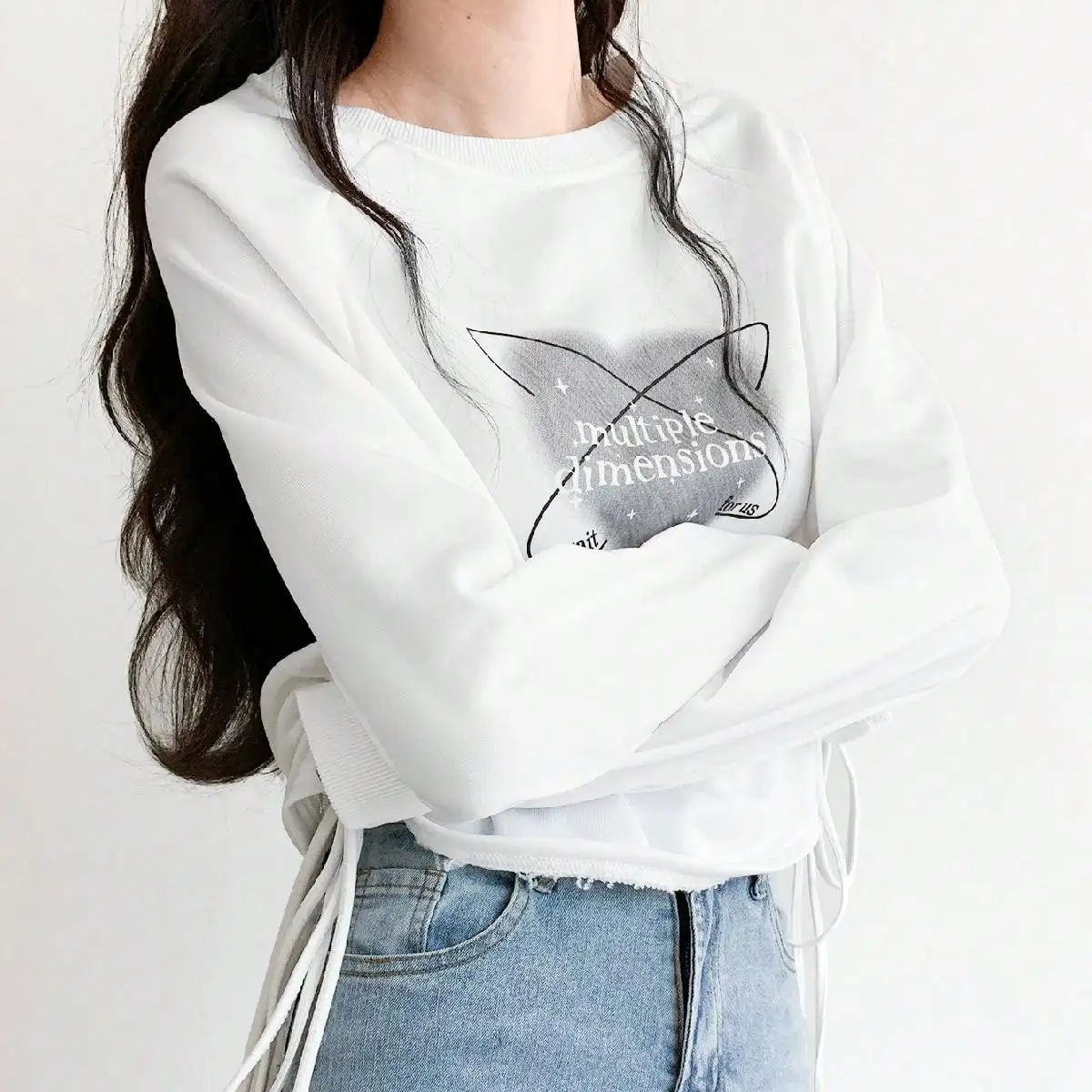 Korean Chic Autum Retro Gray Printed Loose Top 2024 New Style Lazy Style Short Pullover Sweatshirt for Women