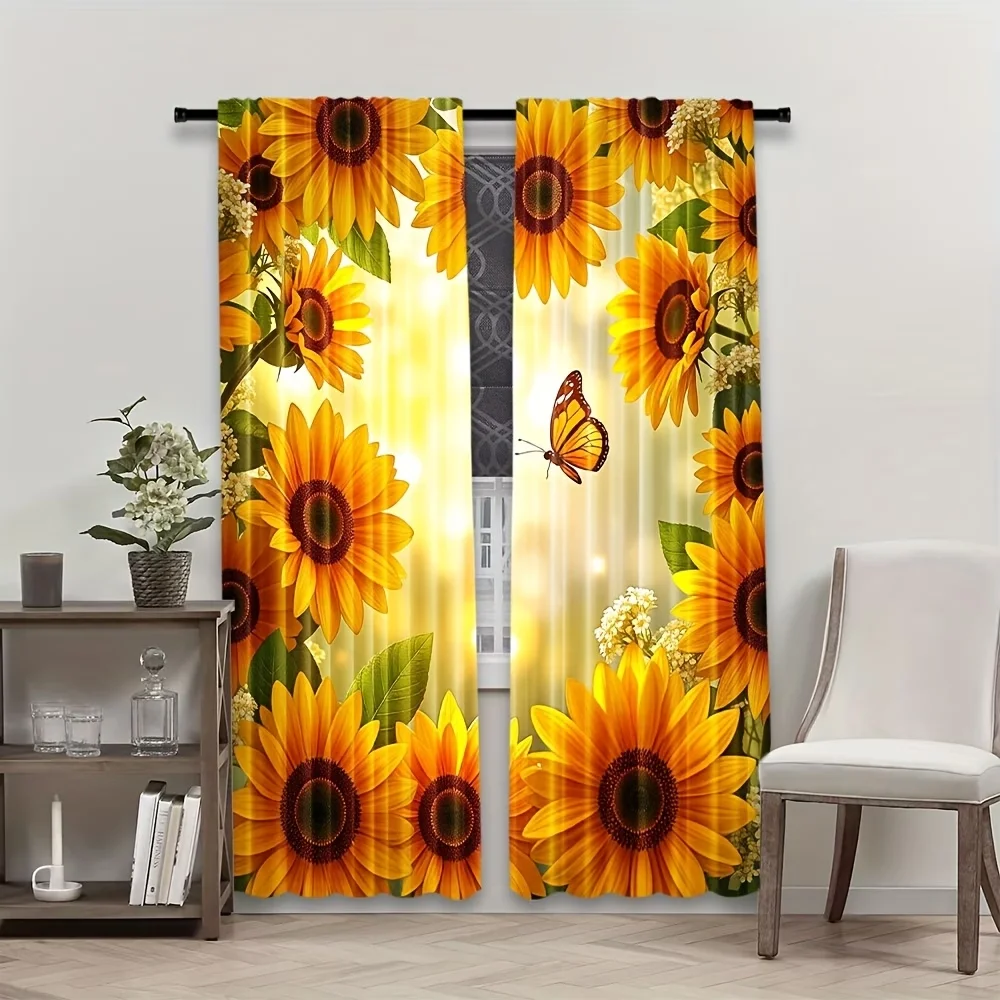 2PCS Digital Printed Curtains, Sunflower Sunshine Summer Yellow Floral, Window Curtains for Living Room Bedroom Home Decoration