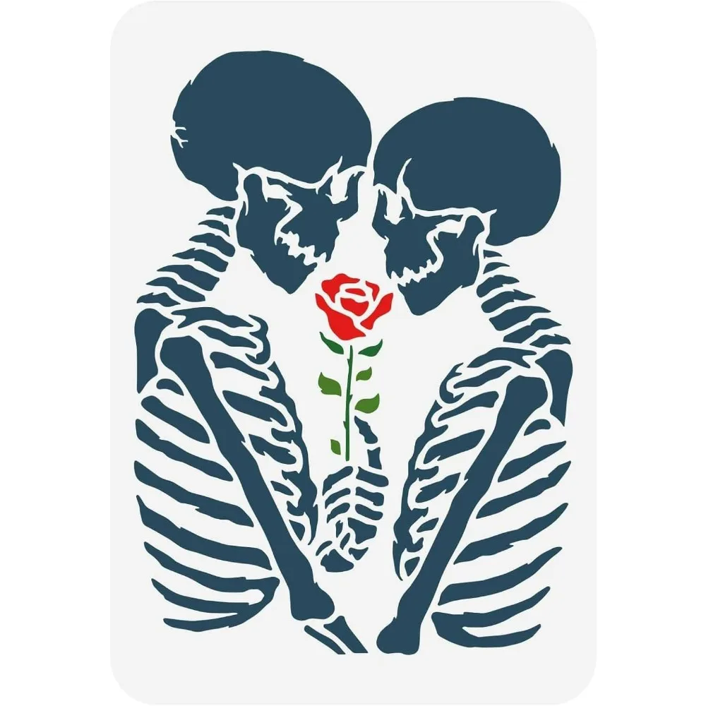 Skull Stencil 8.3x11.7inch Reusable Gothic Skull Stencil DIY Skeleton Couple with Rose Painting Template Terrifying Atmosphere