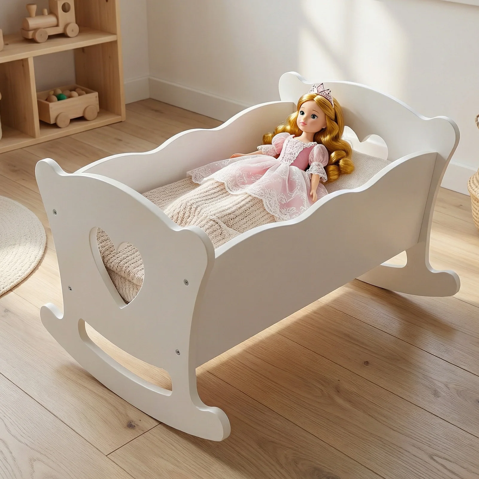 NOVO Brinquedo de Madeira para Bonecas, Berço de Boneca de Madeira com Conjunto de Roupa de Cama Rosa para Bonecas de até 20 Polegadas