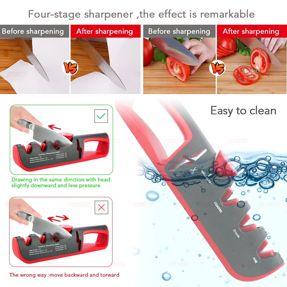 STONEGO 4-Stage Angle Adjustable Knife Sharpener - Professional Kitchen Knife and Scissors Sharpening Tool with Sharpening Stone