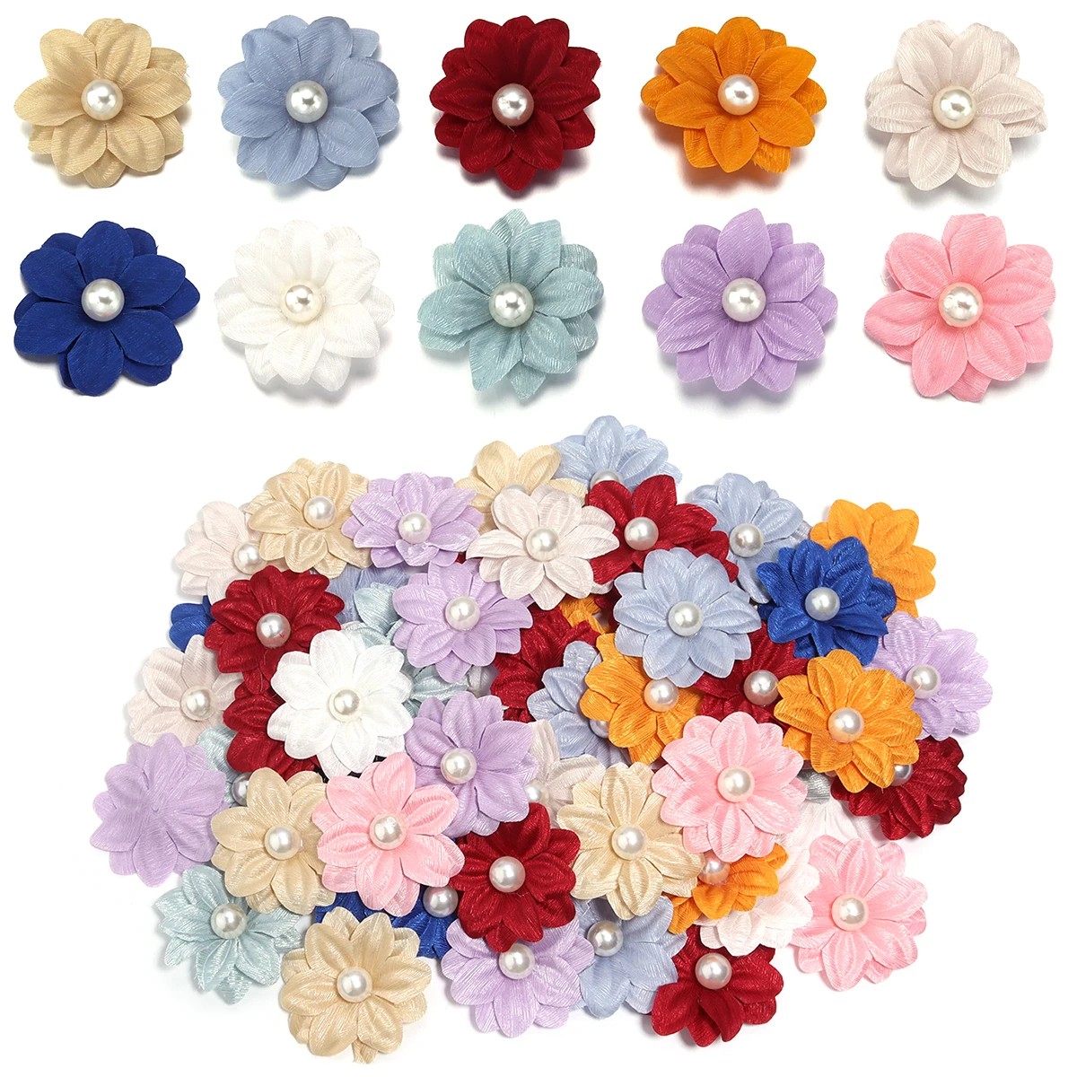 10ชิ้น4ซมผ้าโพลีเอสเตอร์ดอกไม้สีแฮนด์เมดหกกลีบดอกไม้มุกสำหรับ DIY เข็มกลัด Headwear อุปกรณ์ประดับตกแต่งเสื้อผ้า