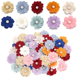 10pcs 4cm Polyester Fabric Flowers Color Handmade Six Petals Pearl Flower for DIY Brooch Headwear Garment Decoration Accessories