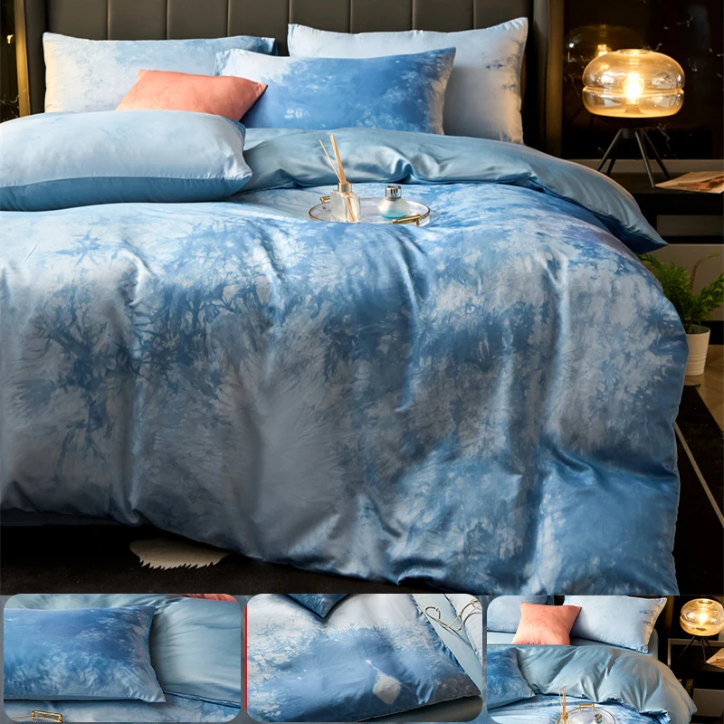 Exquisite Ink-Printed Faux Silk Sateen Duvet Cover Set - Luxurious Soft Bedding with Pillowcases for a Chic, Cozy Sleep