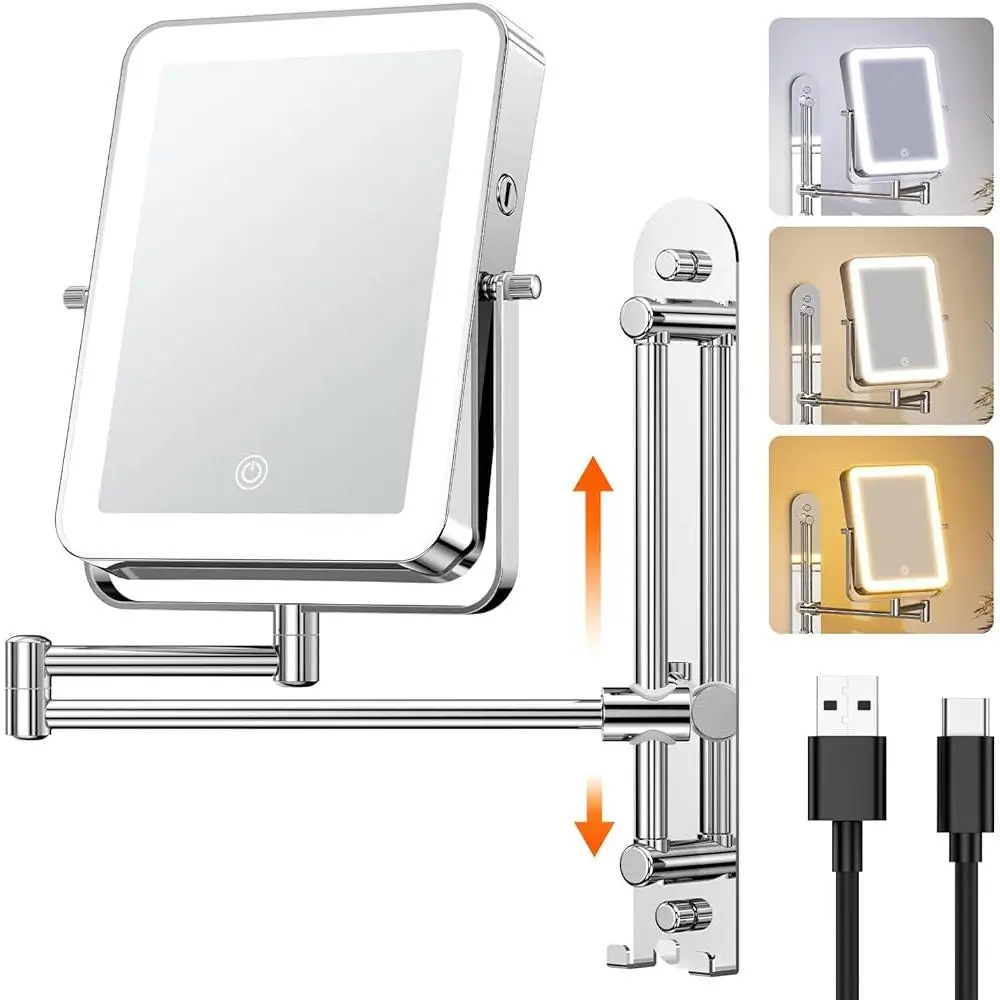 Height Adjustable Wall Mounted Lighted Makeup Mirror 3000mAh Rechargeable Magnification 1X10X Touch Switches 3 Light Colors 360