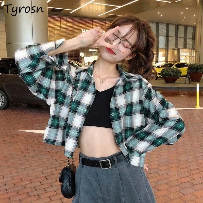 Women Cropped Shirts Plaid Preppy Style Loose Turn Down Collar Top Spring Korean Fashion Single Breasted Outwear Sunscreen Shirt