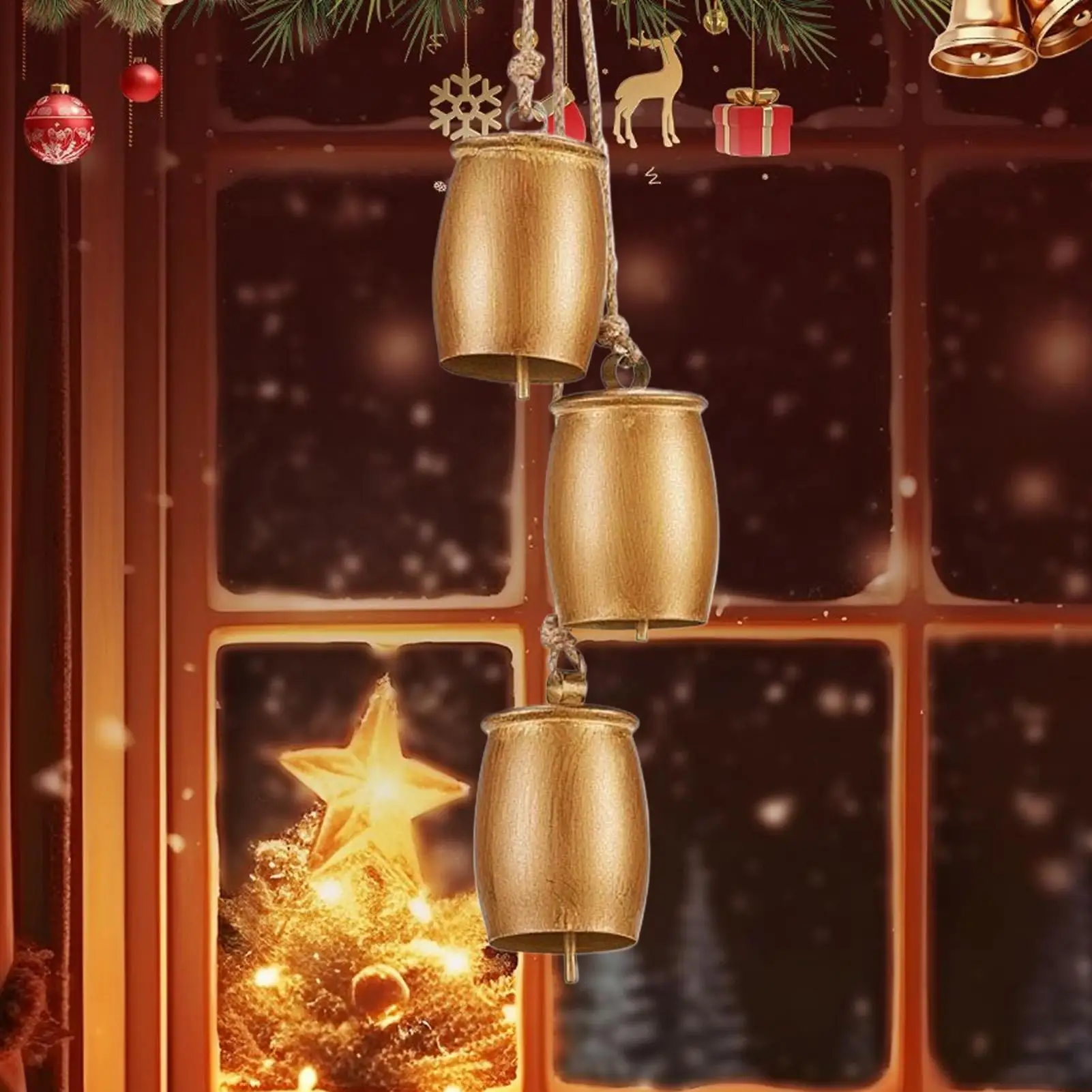 Christmas Bells Metal Christmas Cow Bells with Rope Handmade Wall Art for Fireplace Staircase Window Wreaths Tree Indoor Outdoor
