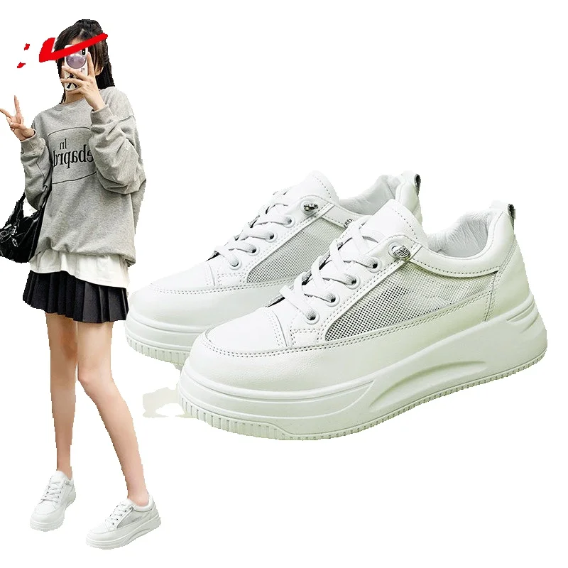 Women's White Skateboarding Shoes Breathable Mesh Thick Sole_voghion.com