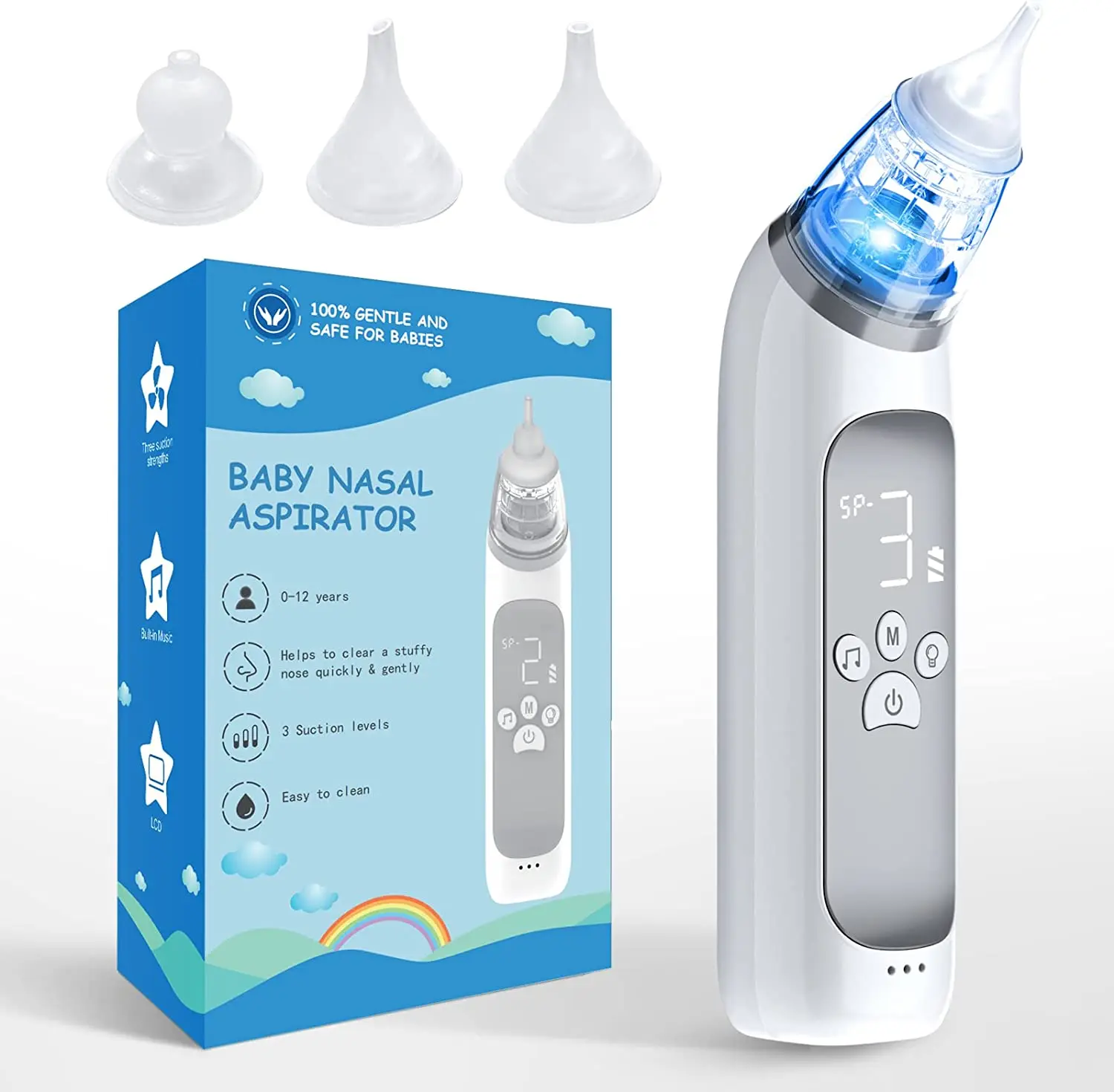 Baby Electric Nasal Aspirator Nose Suction Device with Food Grade Silicone Mouthpiece 3 Suction Modes and Soothing Music