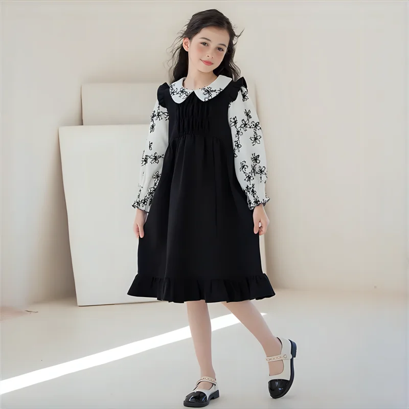 Children Dress Long Sleeve Floral False Two-piece School Teenage Girls Princess Dress 2024 Autumn New Ruffle Kids Clothes